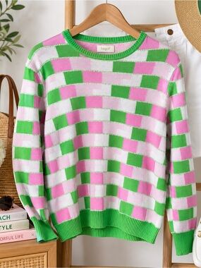Lizgolf Liz Claiborne Pink Green Checkerboard Cotton Sweater Medium Golfcore Pre